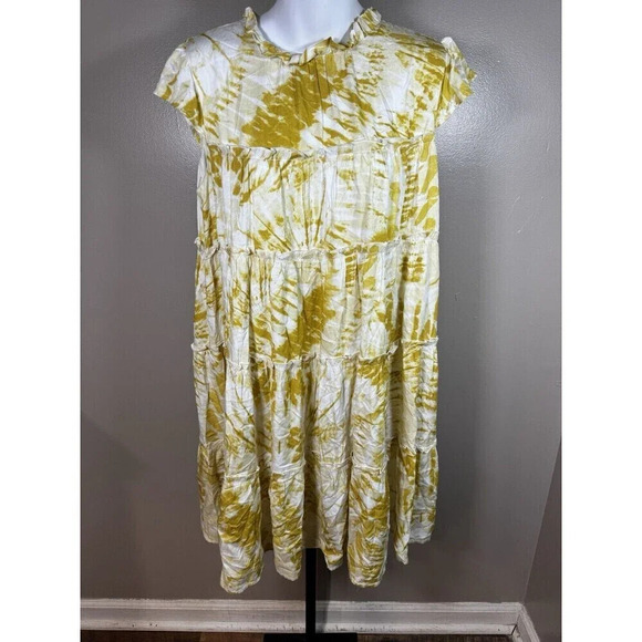 THML Anthropologie Dress Small Yellow A Line Midi Bohemian Tiered Abstract Print - Picture 1 of 6